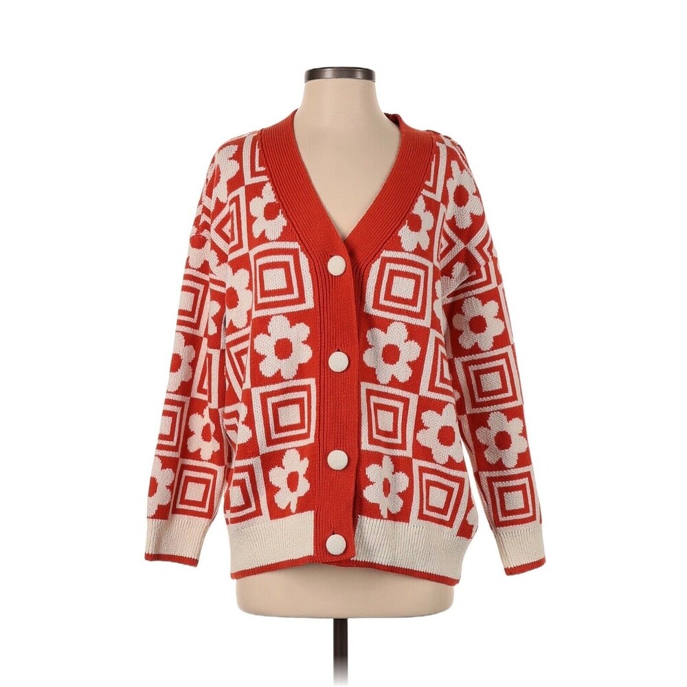 ZARA Red Ivory Knit Jacquard Cardigan - S